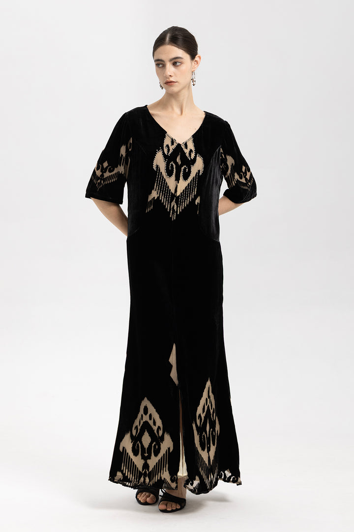 Ikat Burnout Velvet V-Neck Maxi Dress