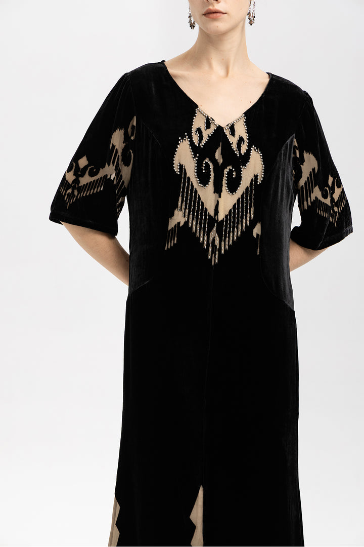Ikat Burnout Velvet V-Neck Maxi Dress