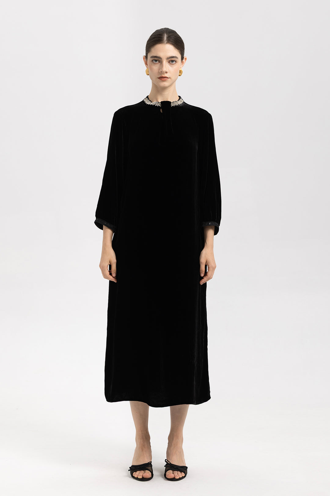 Leila Beaded Neck Velvet Midi Dress