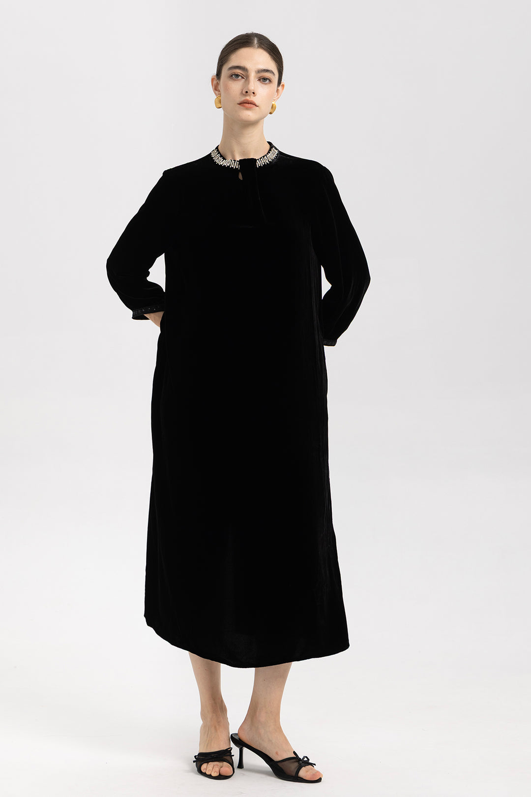 Leila Beaded Neck Velvet Midi Dress