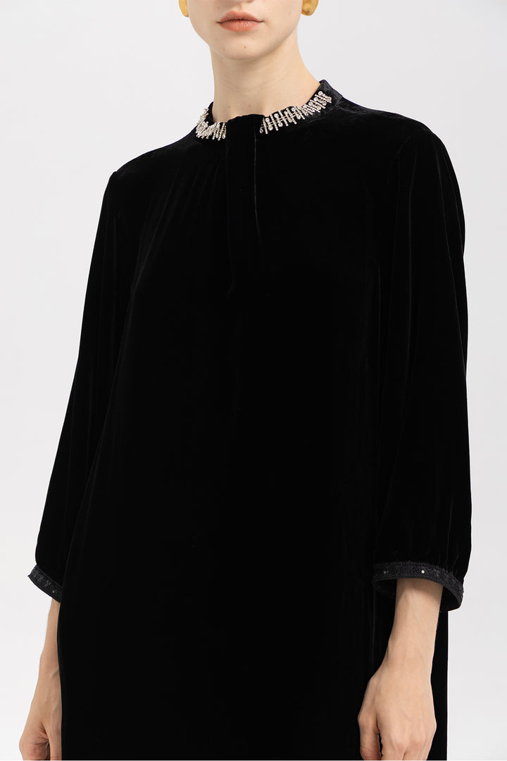 Leila Beaded Neck Velvet Midi Dress