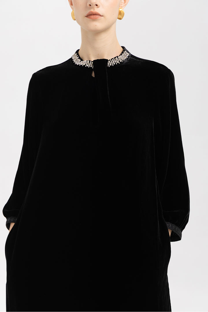 Leila Beaded Neck Velvet Midi Dress