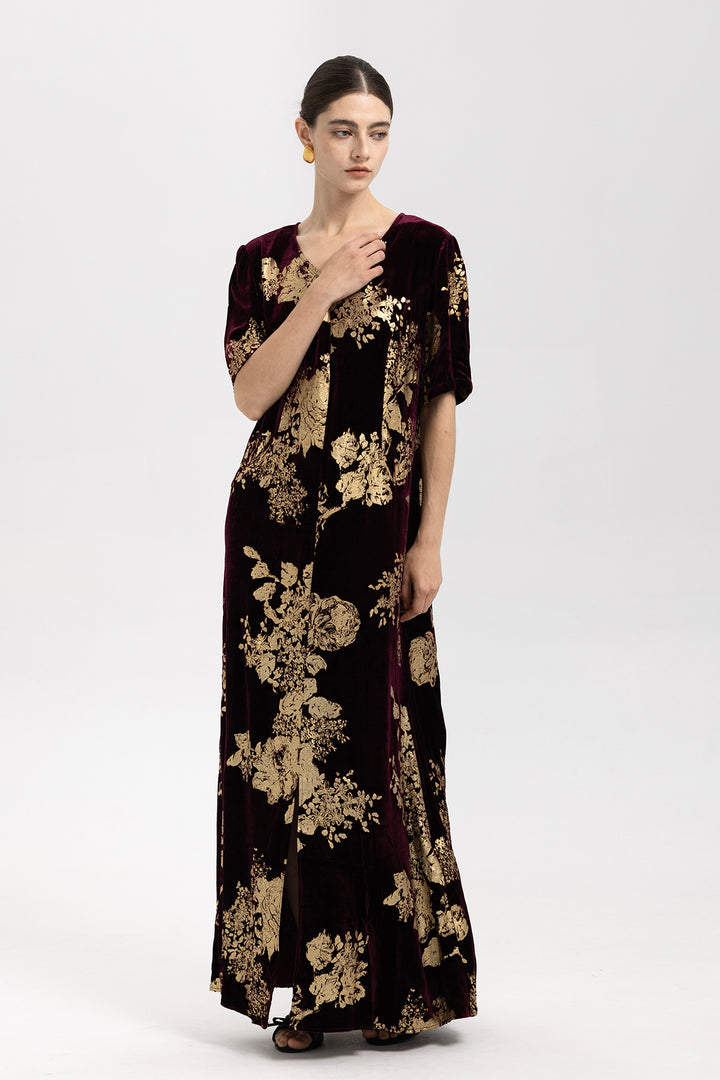 Selma Gilded Floral Burnout Velvet Maxi Dress