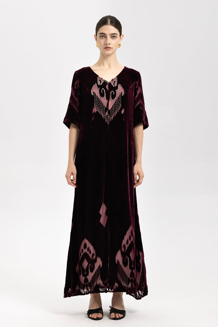 Ikat Burnout Velvet V-Neck Maxi Dress