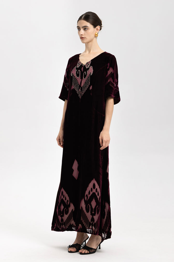 Ikat Burnout Velvet V-Neck Maxi Dress