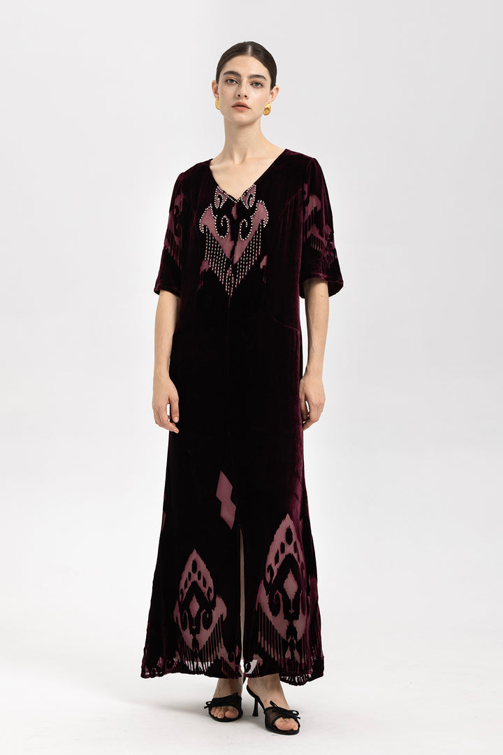 Ikat Burnout Velvet V-Neck Maxi Dress