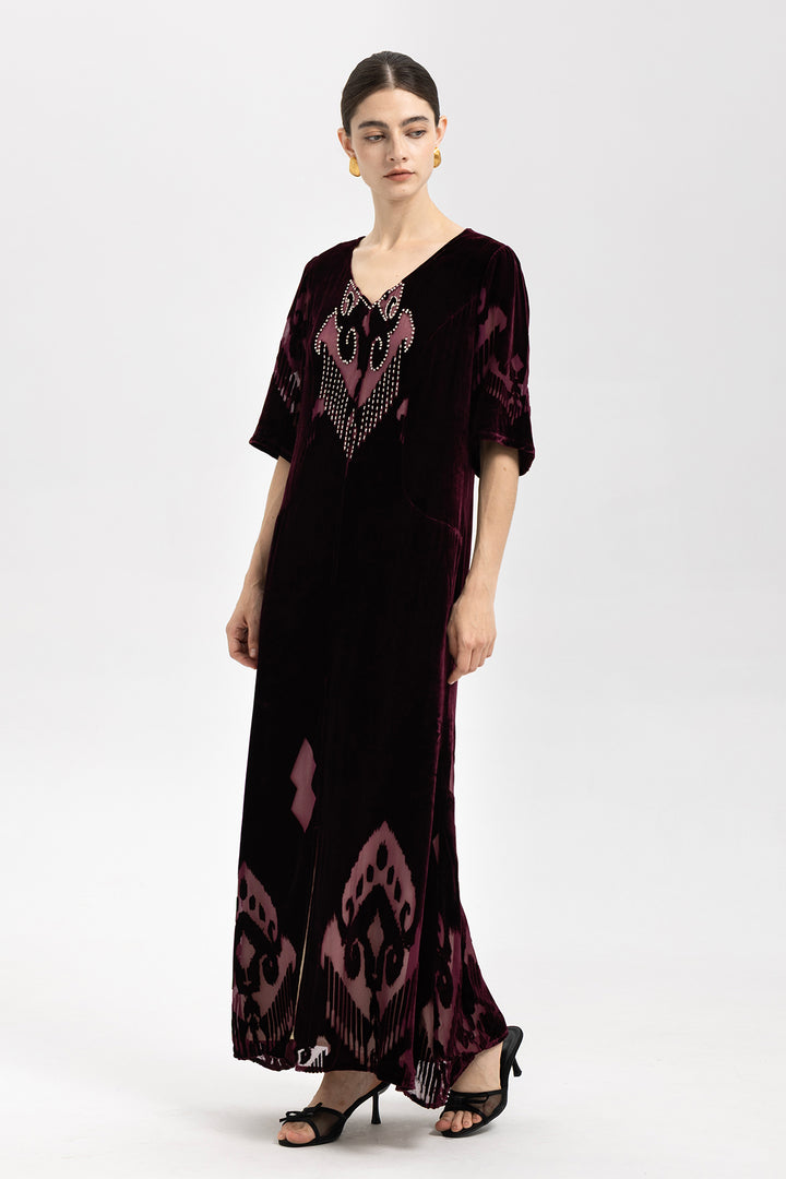 Ikat Burnout Velvet V-Neck Maxi Dress