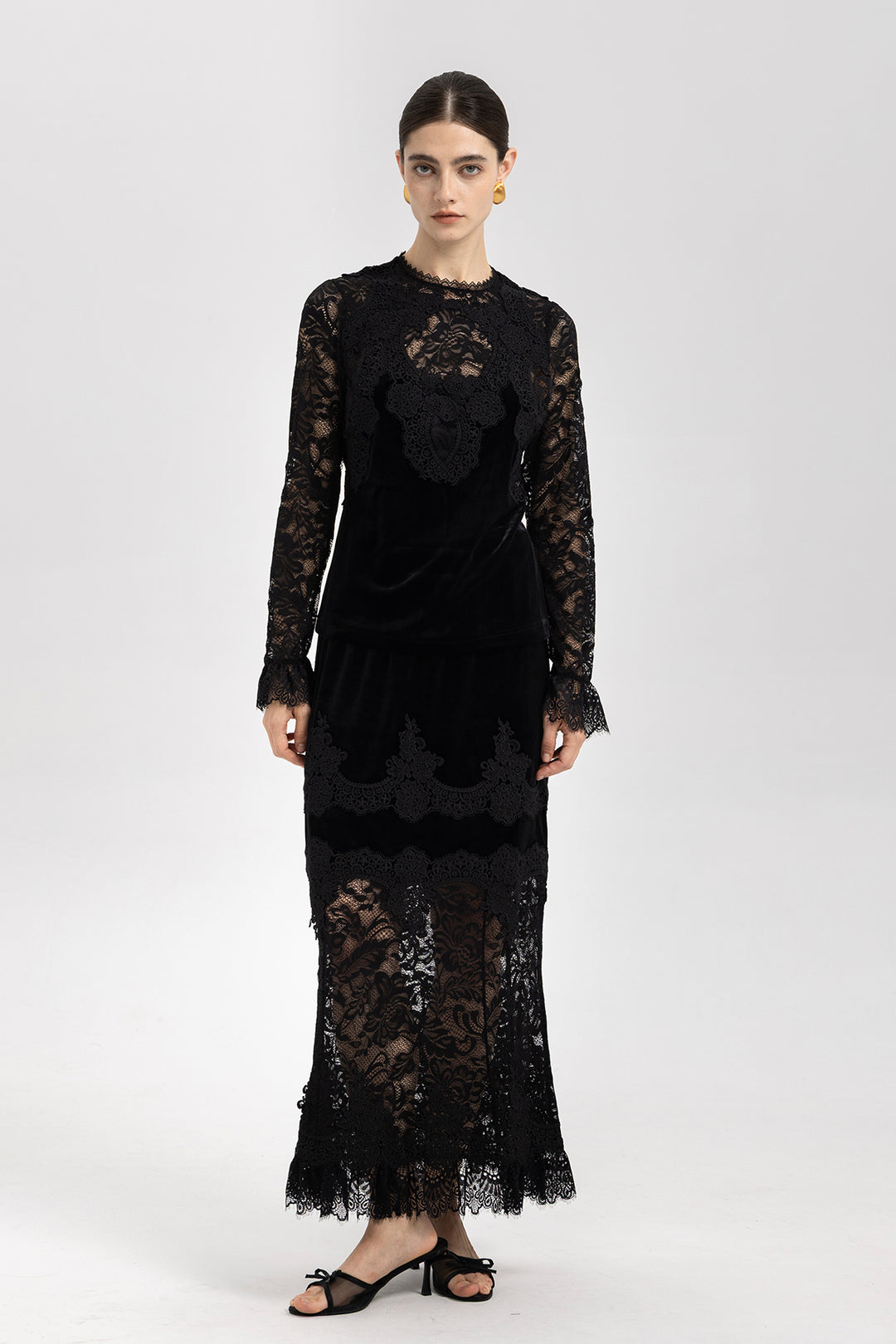 Adele Patchwork Lace Splice Velvet Two Piece
