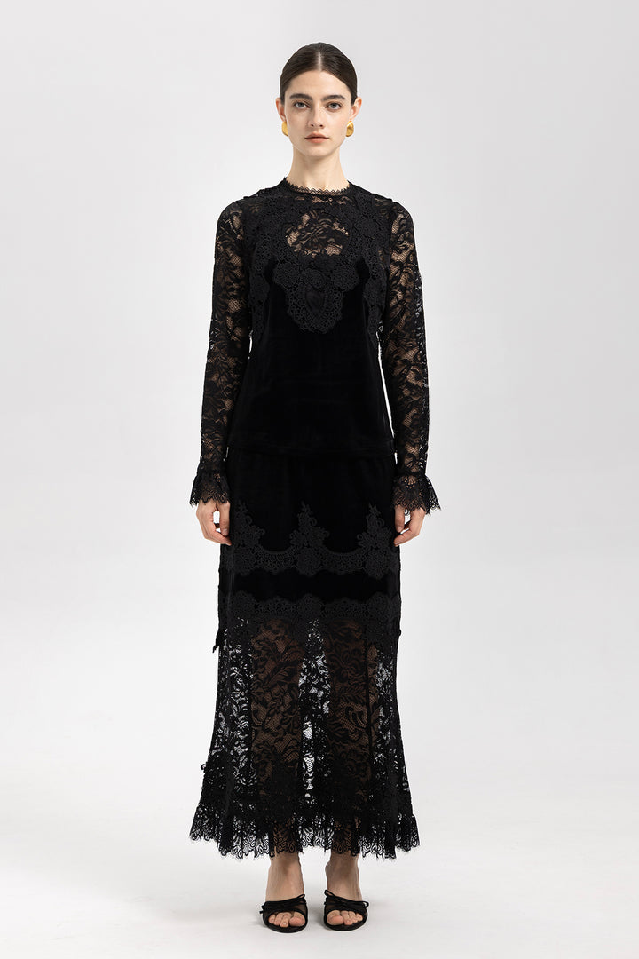 Adele Patchwork Lace Splice Velvet Two Piece