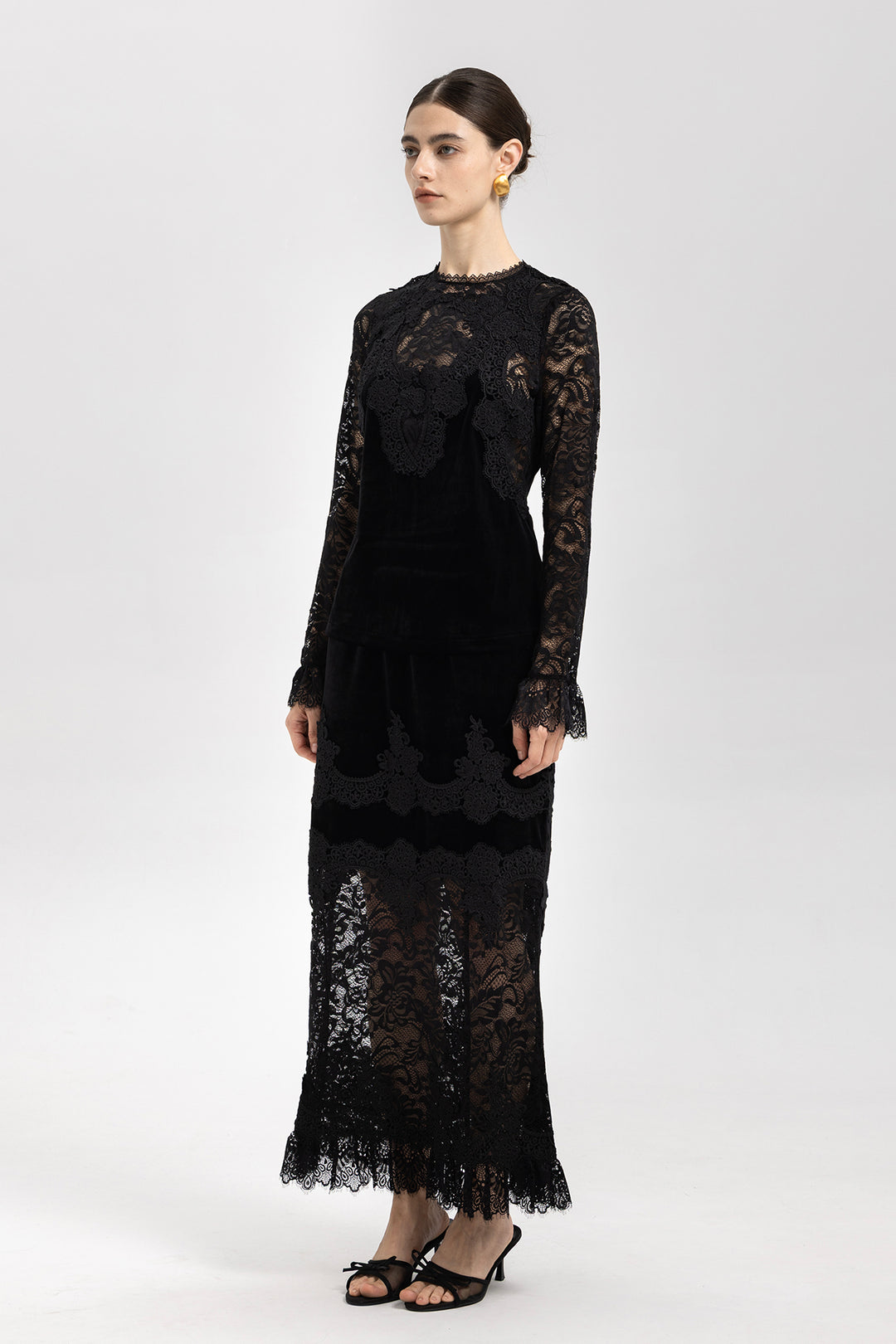 Adele Patchwork Lace Splice Velvet Two Piece