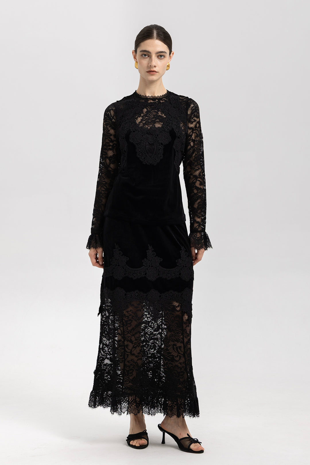 Adele Patchwork Lace Splice Velvet Two Piece