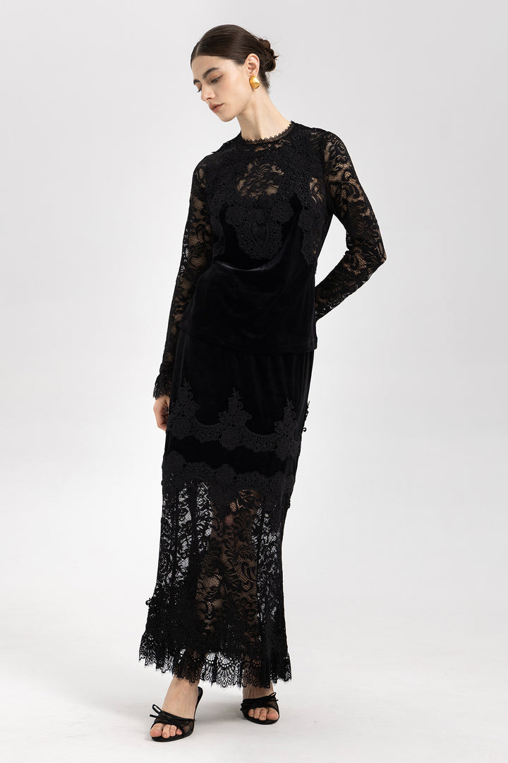 Adele Patchwork Lace Splice Velvet Two Piece