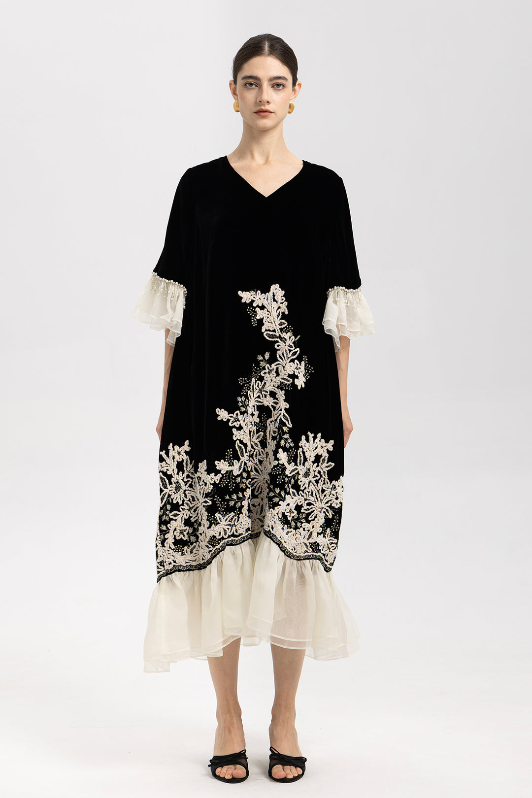 Elowen Embroidered Velvet Ruffle Hem Dress