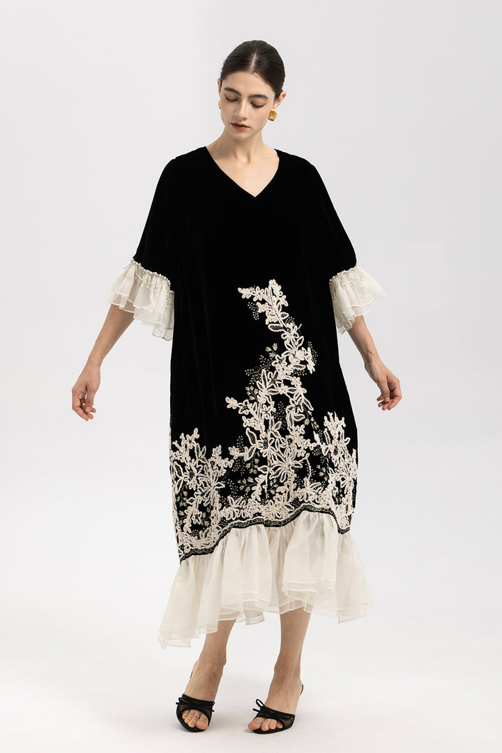 Elowen Embroidered Velvet Ruffle Hem Dress
