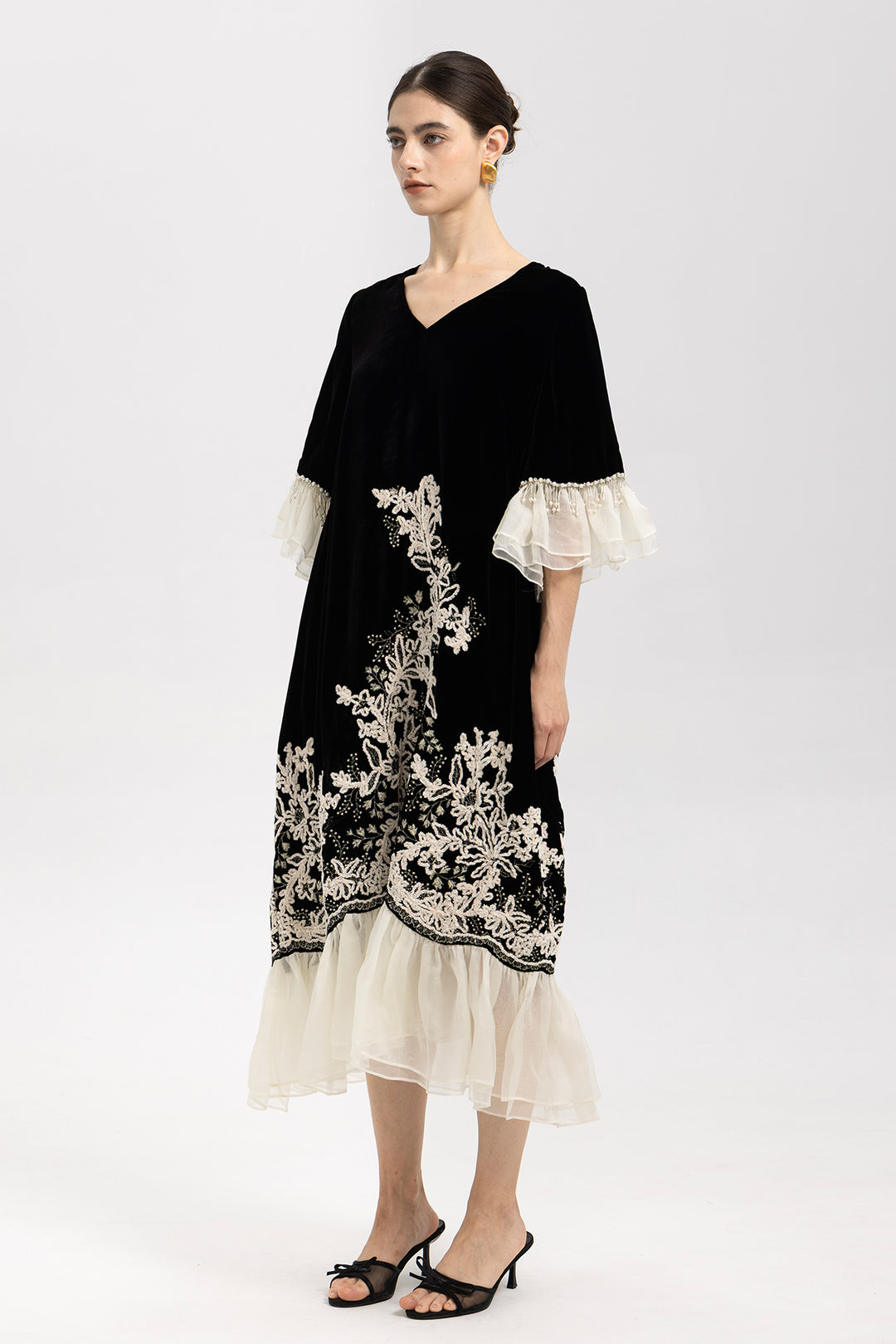 Elowen Embroidered Velvet Ruffle Hem Dress