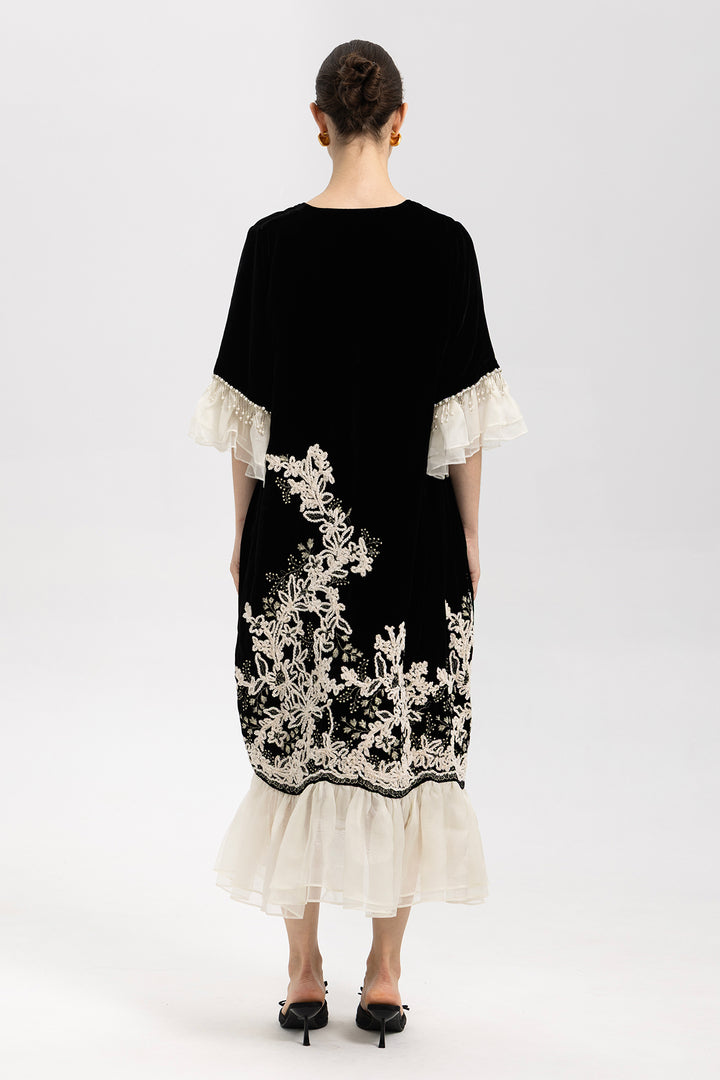 Elowen Embroidered Velvet Ruffle Hem Dress