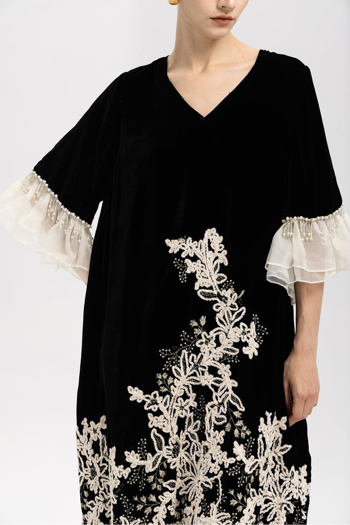 Elowen Embroidered Velvet Ruffle Hem Dress