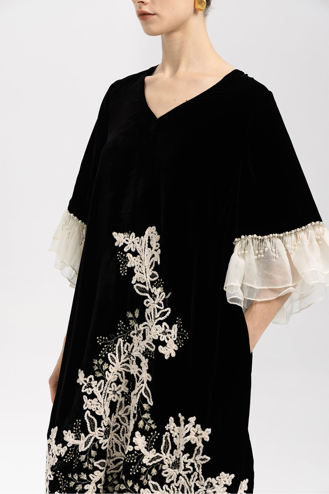 Elowen Embroidered Velvet Ruffle Hem Dress