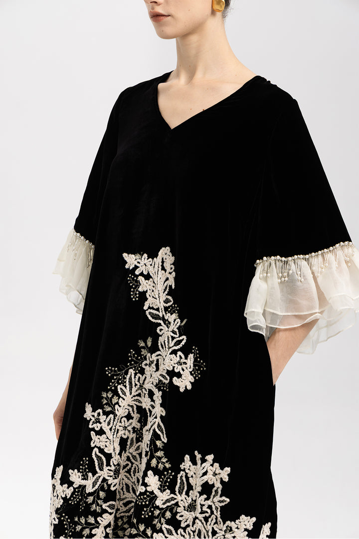 Elowen Embroidered Velvet Ruffle Hem Dress