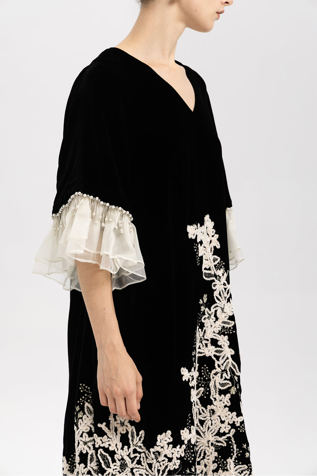 Elowen Embroidered Velvet Ruffle Hem Dress