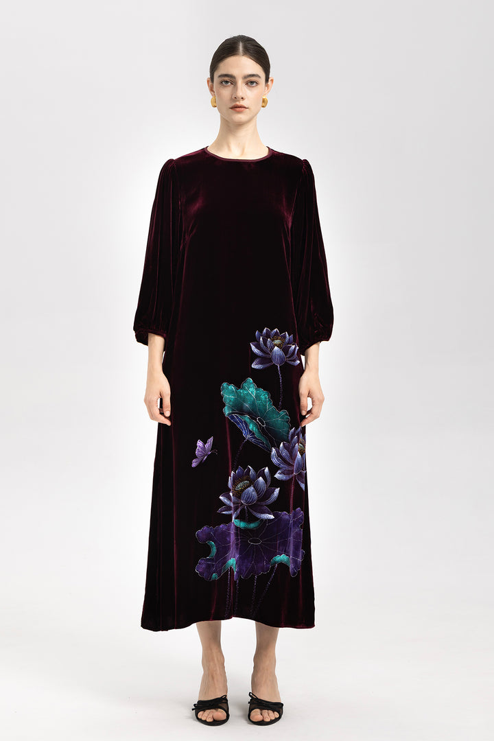 Marina Velvet Lotus Embroidered Dress