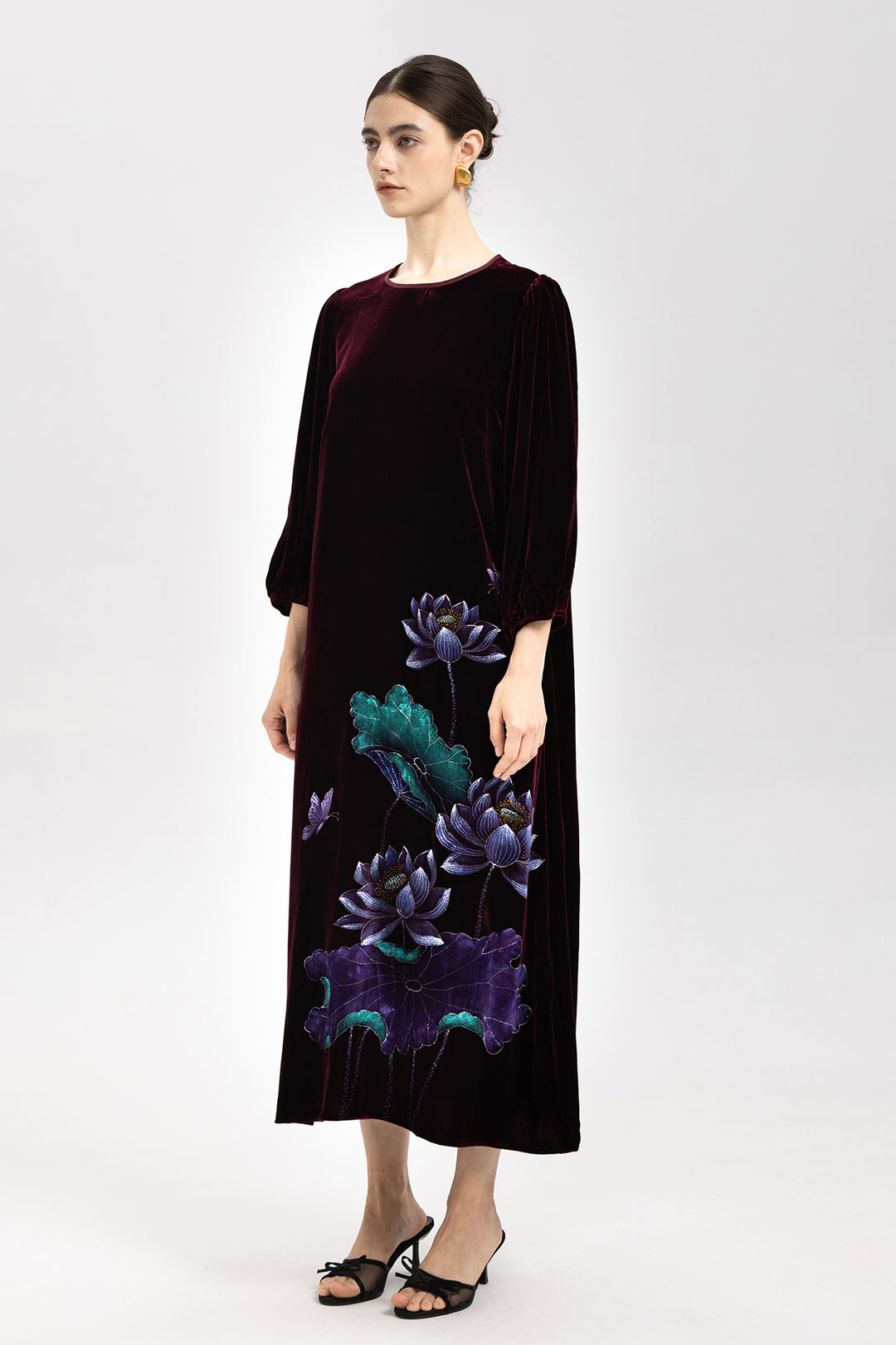 Marina Velvet Lotus Embroidered Dress