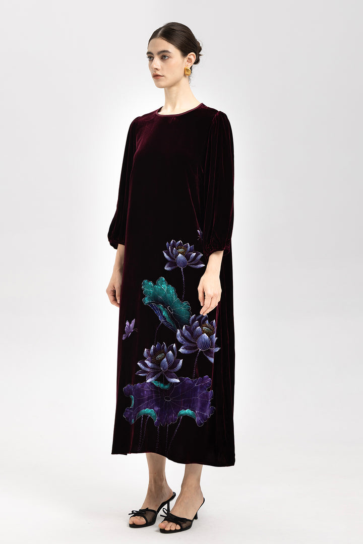 Marina Velvet Lotus Embroidered Dress