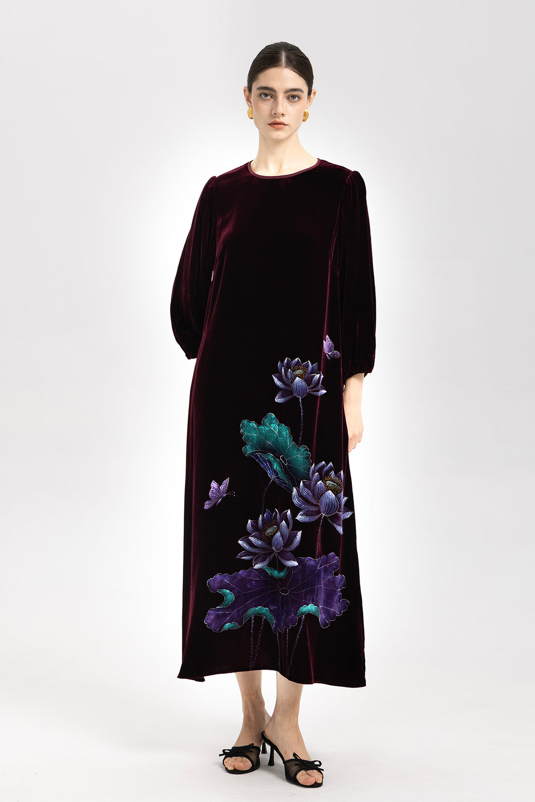 Marina Velvet Lotus Embroidered Dress