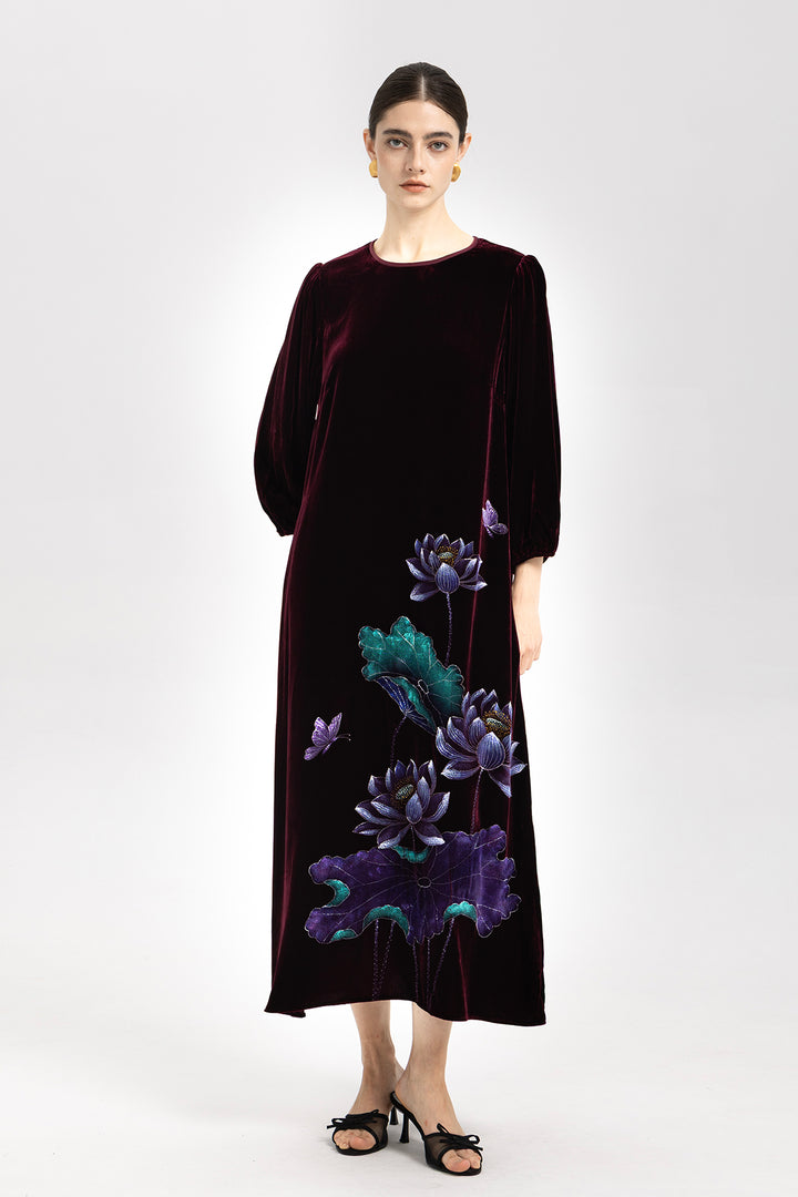 Marina Velvet Lotus Embroidered Dress