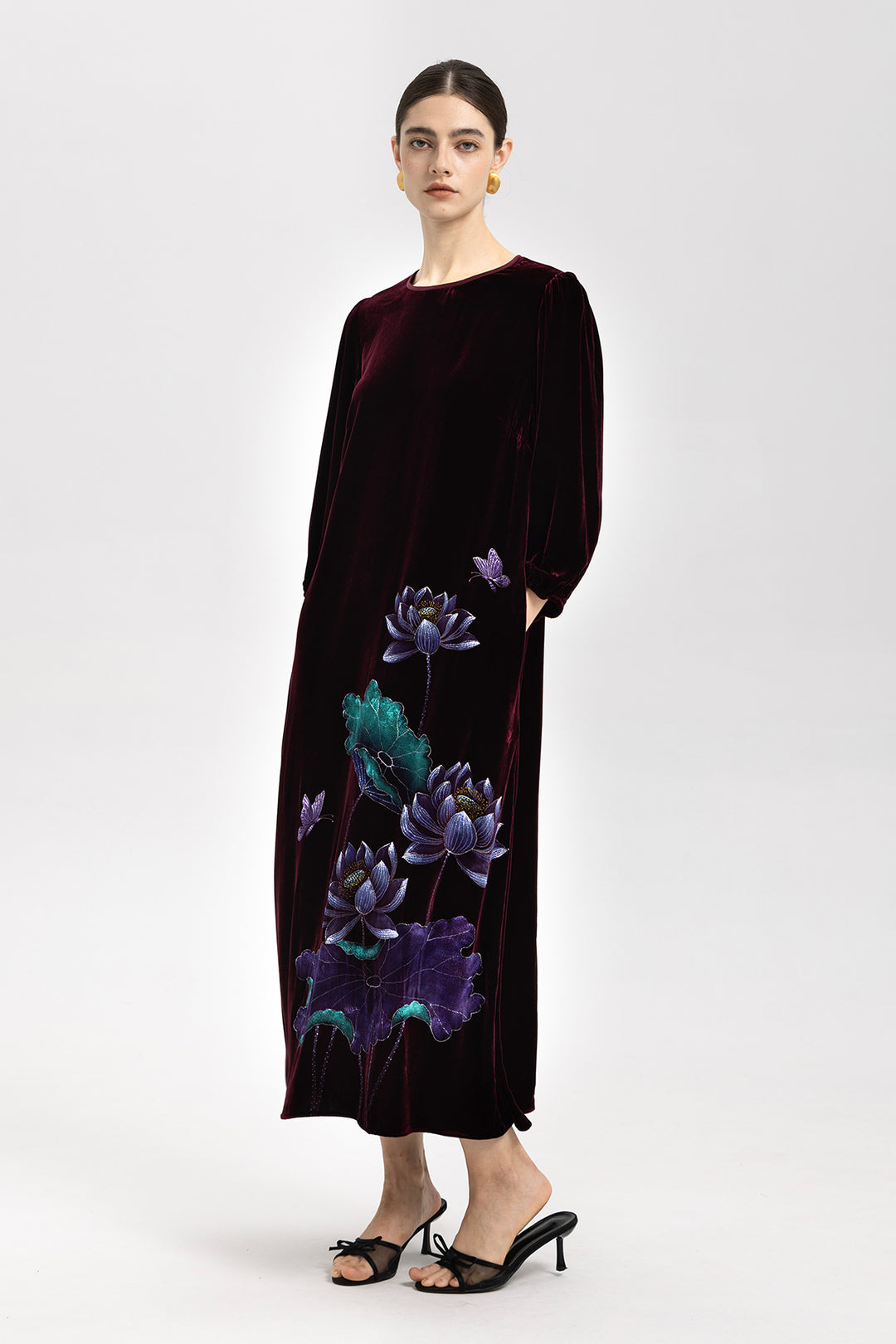 Marina Velvet Lotus Embroidered Dress