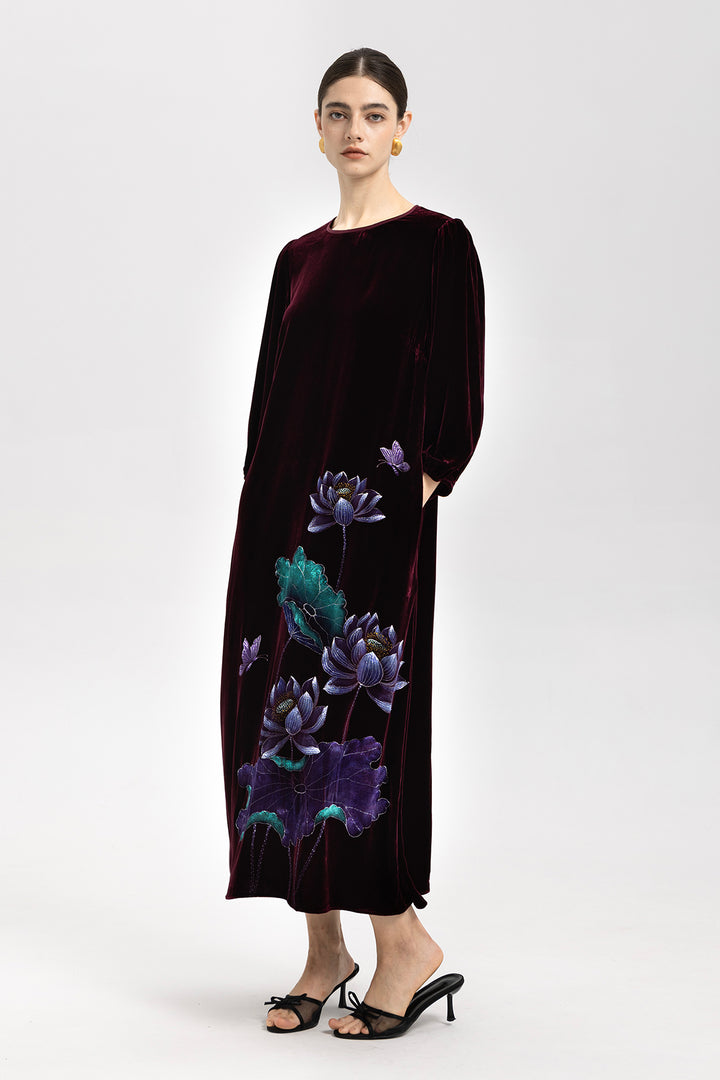 Marina Velvet Lotus Embroidered Dress