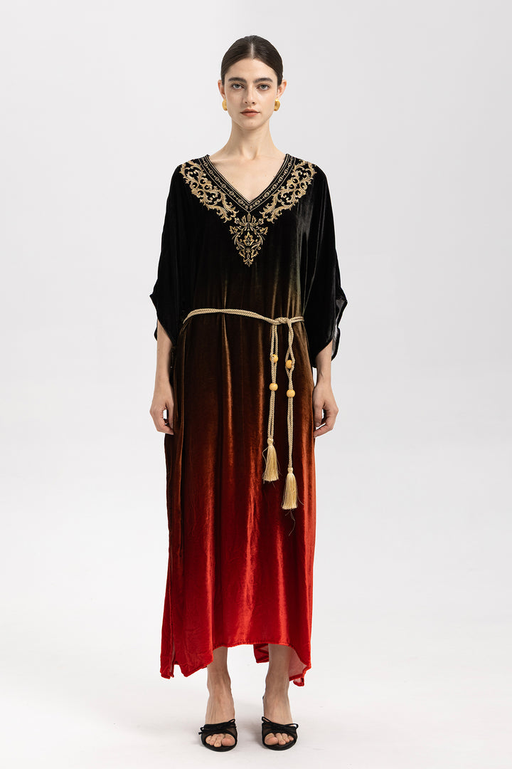 Celia Gradient Velvet Kaftan With Gold Embroidery