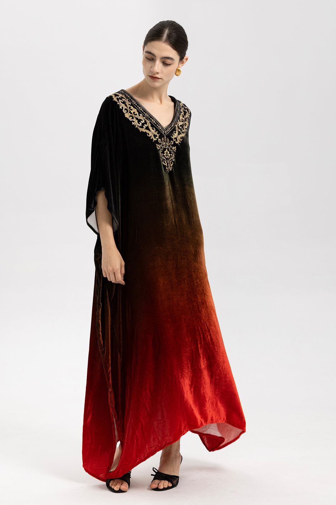 Celia Gradient Velvet Kaftan With Gold Embroidery