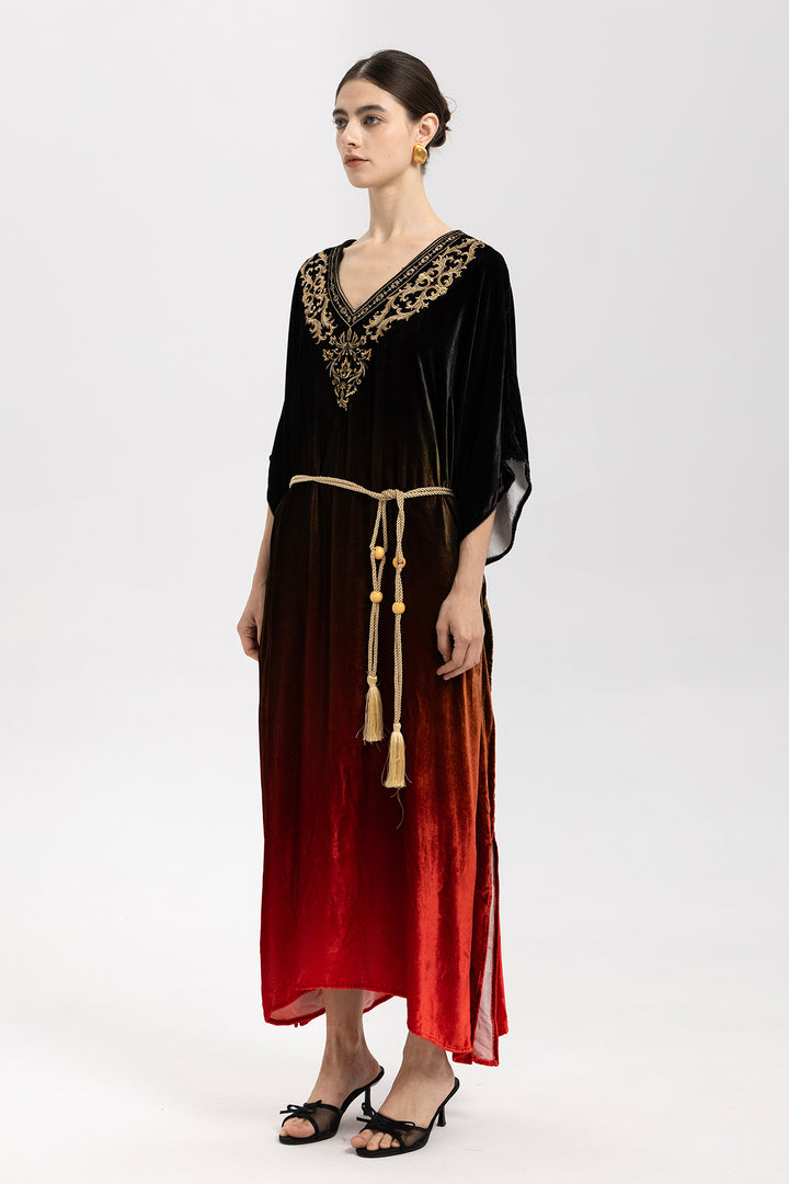 Celia Gradient Velvet Kaftan With Gold Embroidery