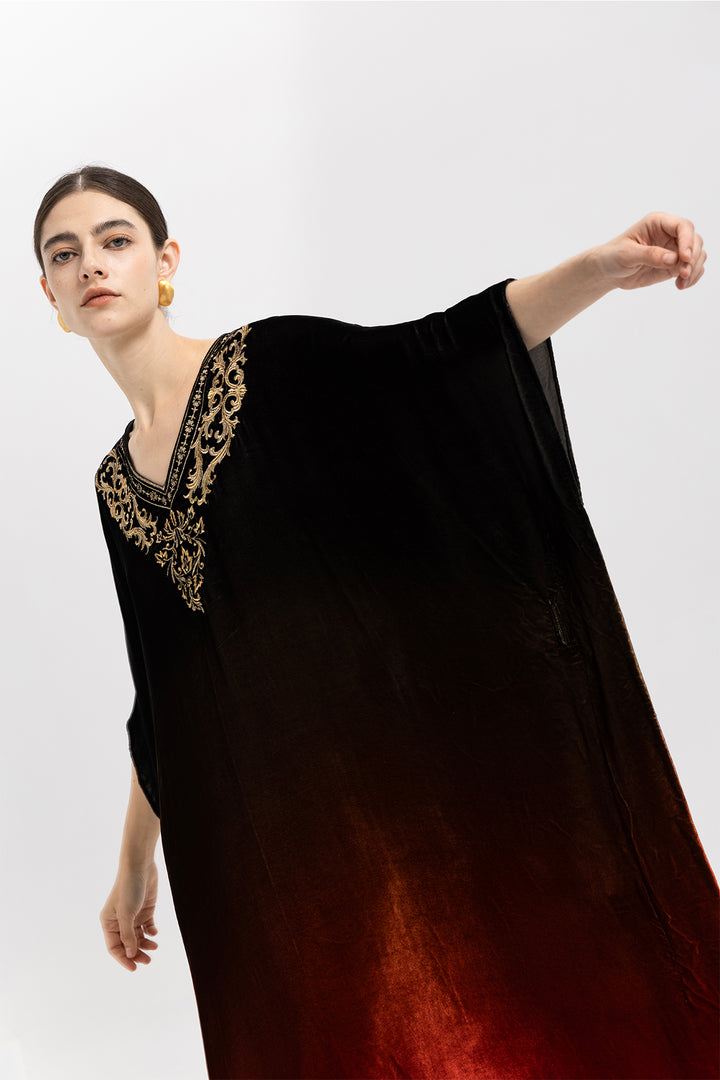 Celia Gradient Velvet Kaftan With Gold Embroidery