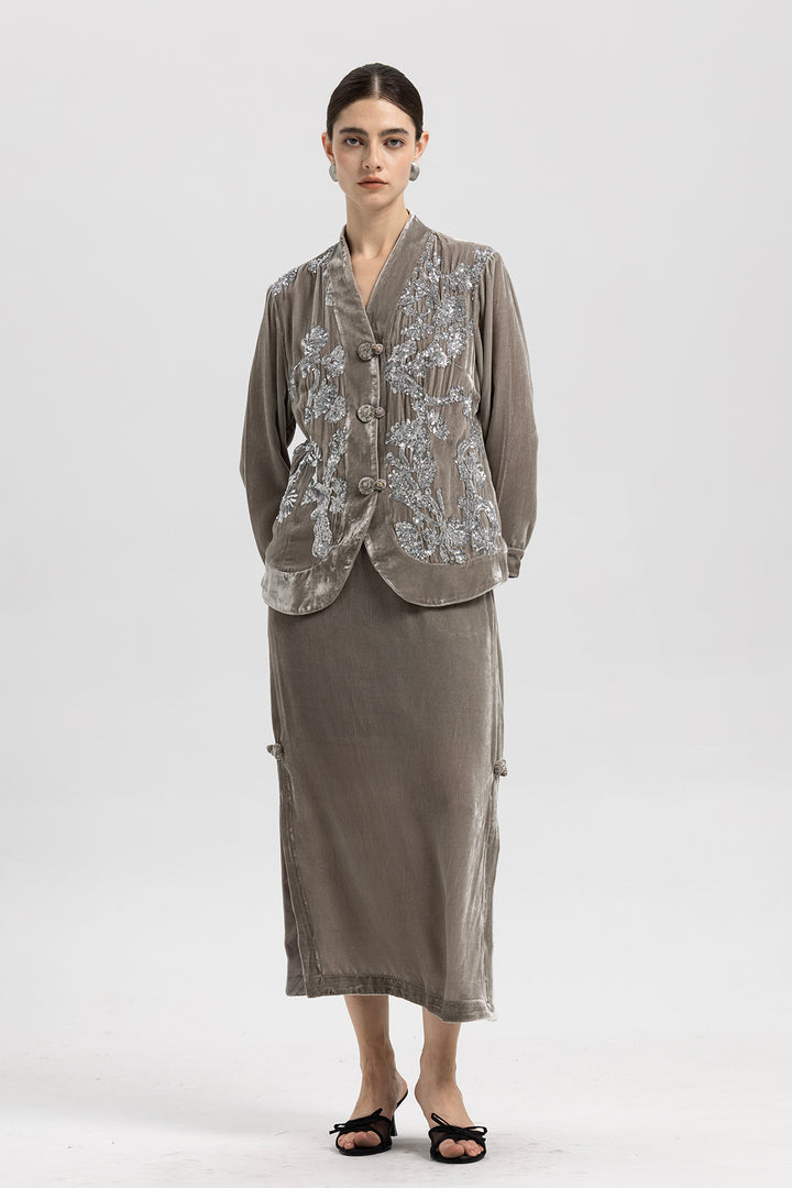 Sara Sequin Embellished Velvet Jacket & Skirt Set