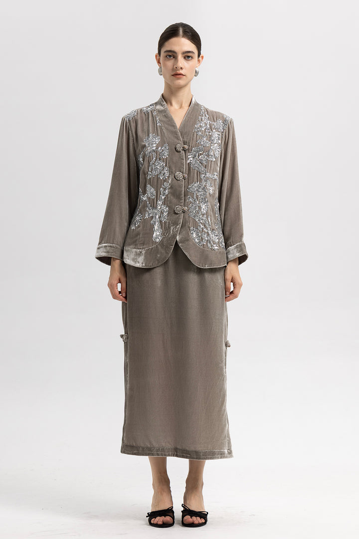 Sara Sequin Embellished Velvet Jacket & Skirt Set