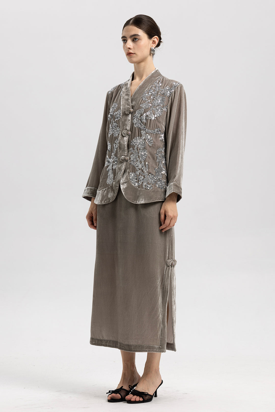 Sara Sequin Embellished Velvet Jacket & Skirt Set