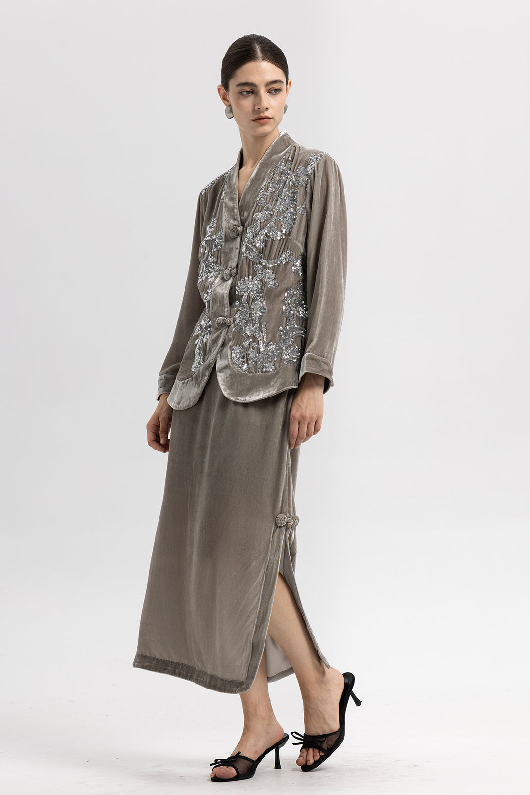 Sara Sequin Embellished Velvet Jacket & Skirt Set