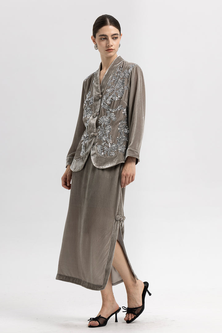 Sara Sequin Embellished Velvet Jacket & Skirt Set