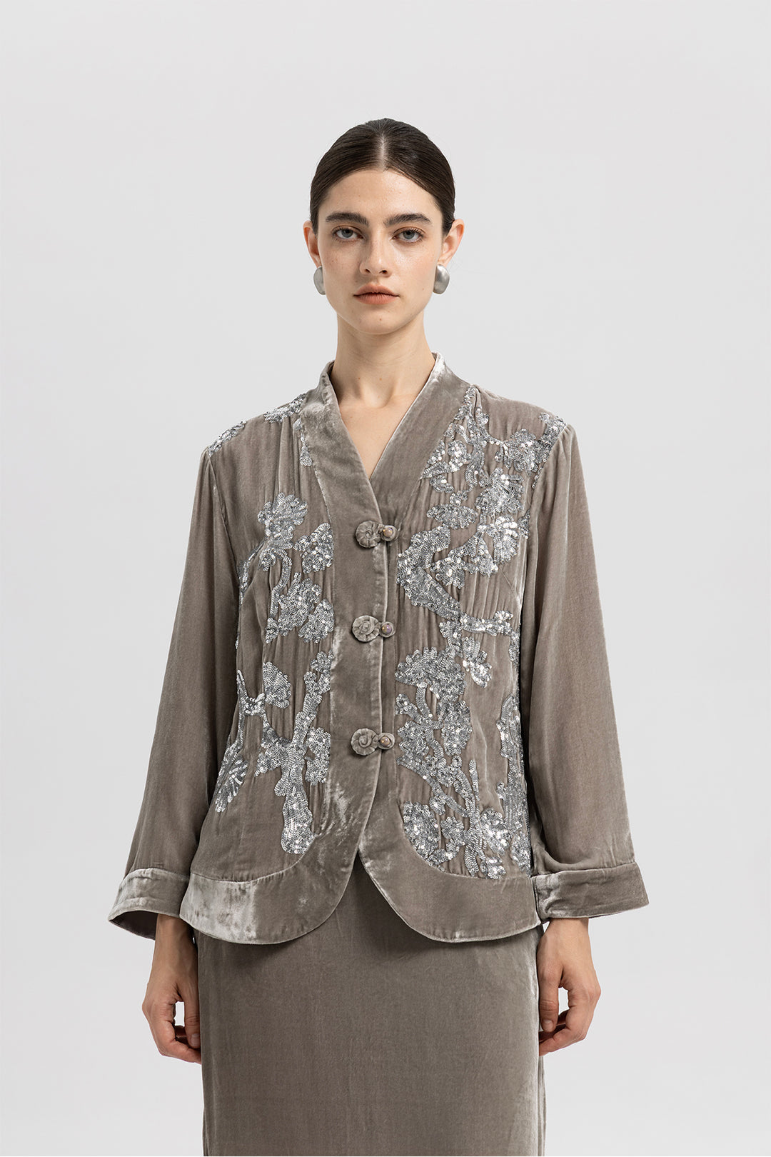 Sara Sequin Embellished Velvet Jacket & Skirt Set