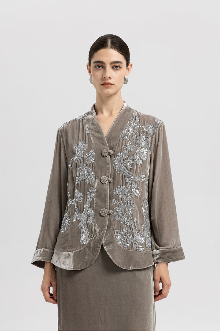 Sara Sequin Embellished Velvet Jacket & Skirt Set