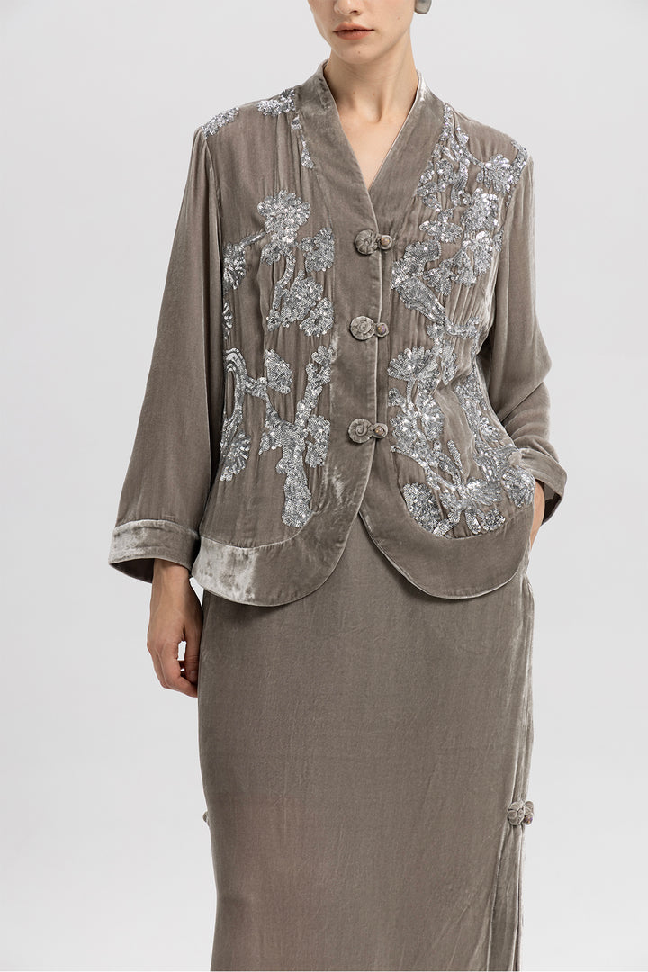 Sara Sequin Embellished Velvet Jacket & Skirt Set