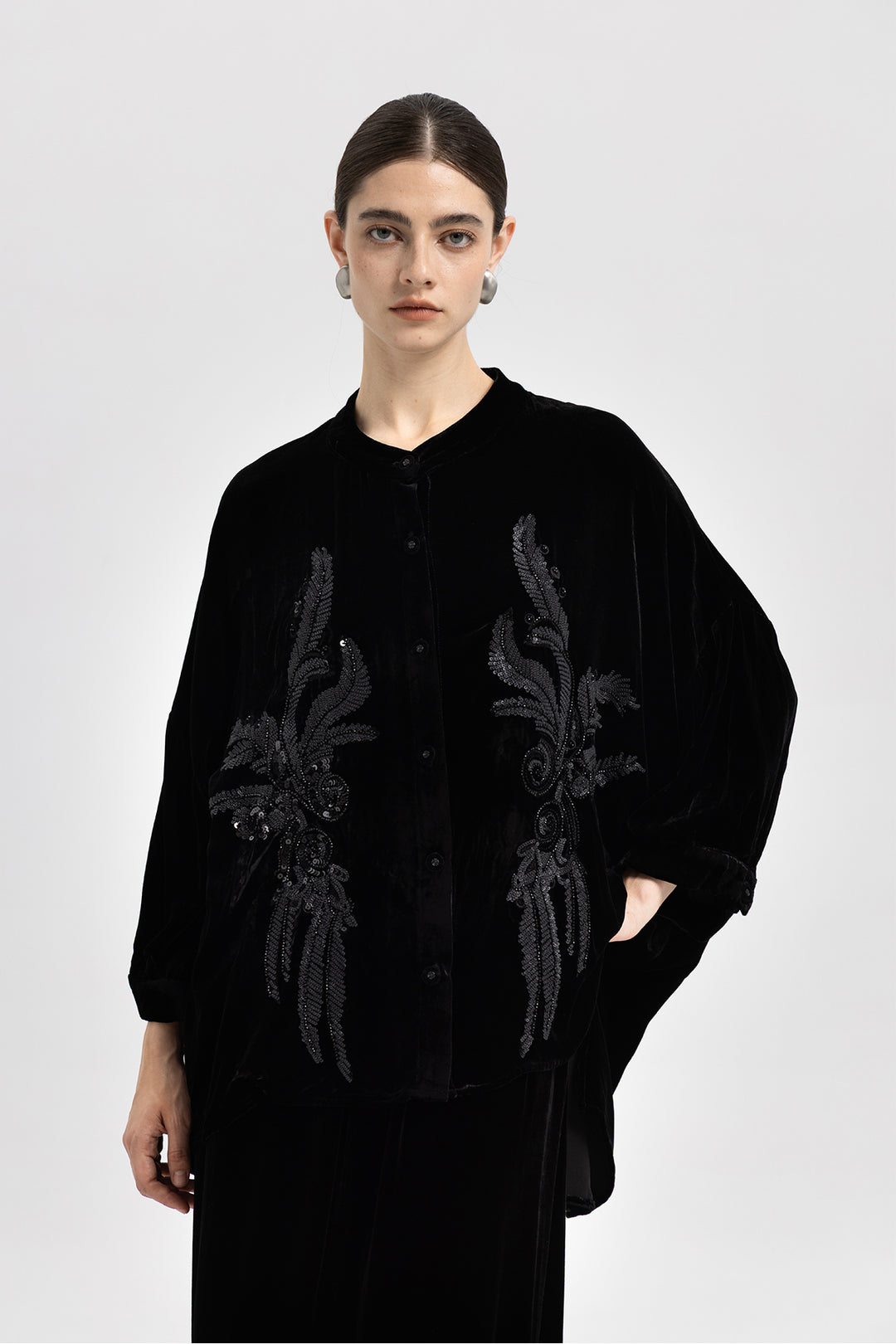 Noor Sequin Velvet Button-Down Overshirt