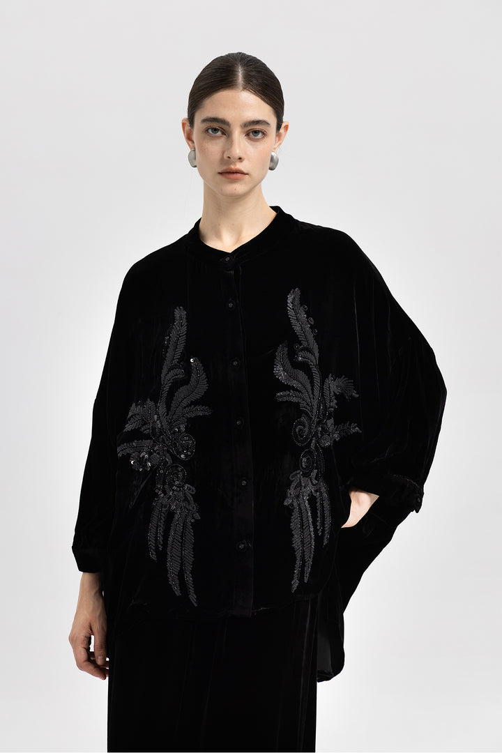 Noor Sequin Velvet Button-Down Overshirt