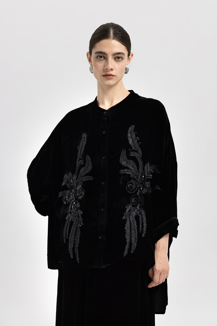 Noor Sequin Velvet Button-Down Overshirt
