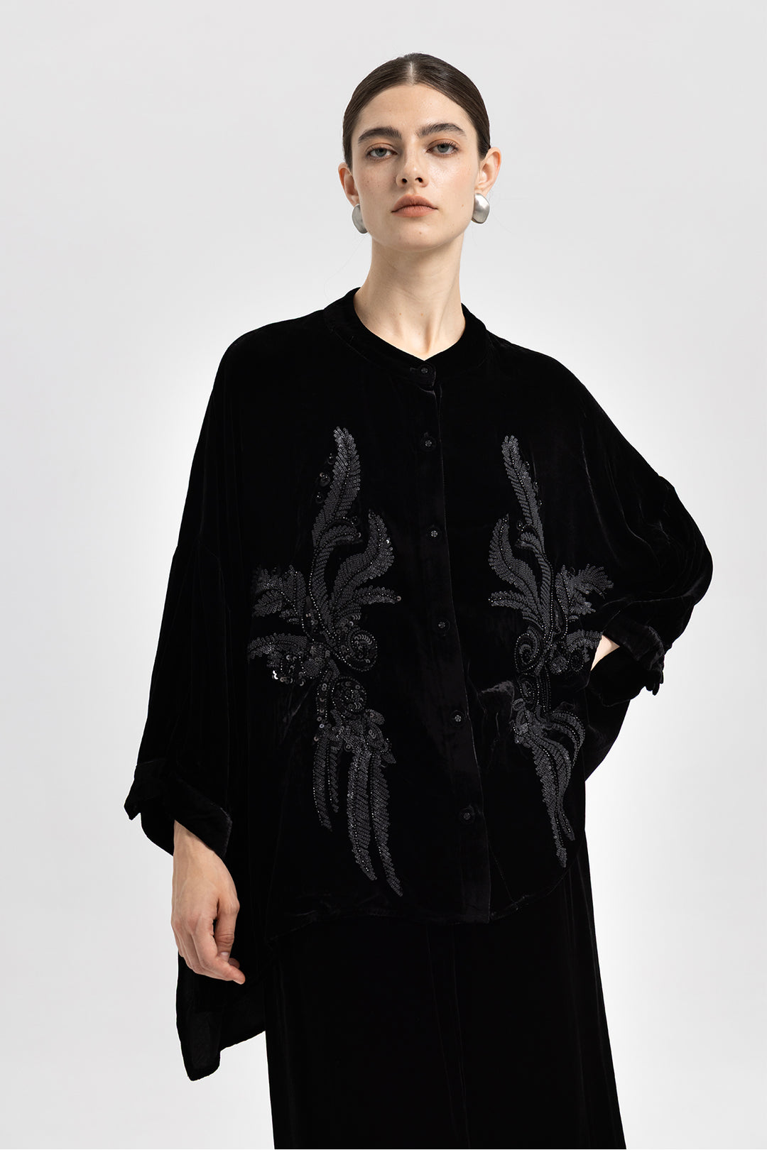 Noor Sequin Velvet Button-Down Overshirt