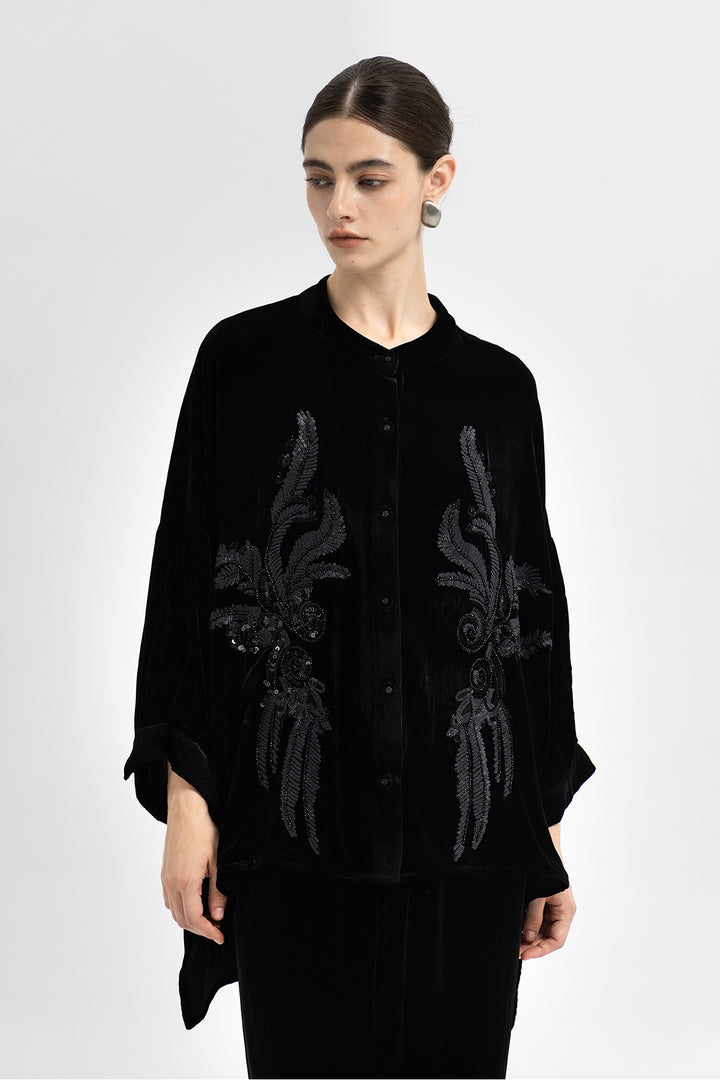 Noor Sequin Velvet Button-Down Overshirt