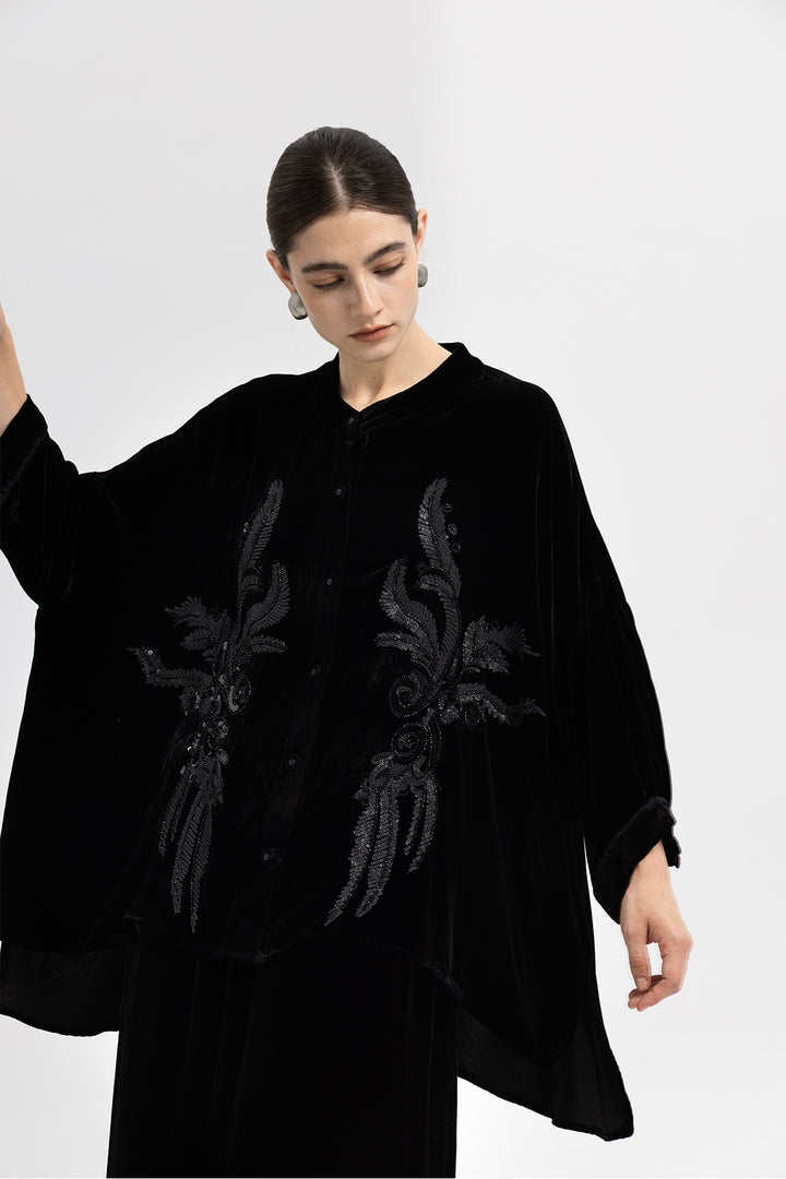 Noor Sequin Velvet Button-Down Overshirt