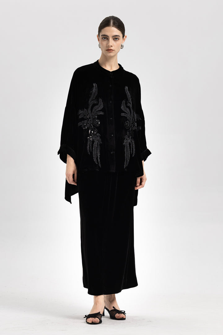 Noor Sequin Velvet Button-Down Overshirt